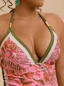 Travachic Plus Size Tropical Floral Print Halter Tie Front One Piece Swimsuit For Women Summer