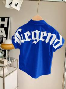 SHEIN 1pc Boys Casual Comfortable Versatile Letter Pattern Batwing Sleeve Shirt, Suitable For Spring & Summer - Royal Blue - View 4