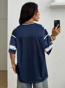 Coolane Women Summer Streetwear  Sports Casual Contrast Trim Numeric Print Breathable Blue Jersey T-Shirt