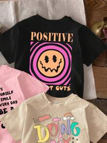 SHEIN 3pcs Tween Girls Casual Cartoon & Positive Smiling Slogan Printed Oversized Crew Neck Short Sleeve T-Shirts, Suitable For Summer
