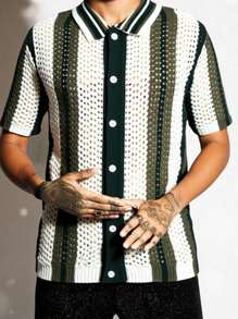 Manfinity Homme Men's Summer Color Block Striped Front Button Short Sleeve Hollow Knitted Top Vintage Tees Men Men Crochet Shirt - Dark Green - View 6