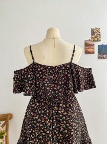 Soleia Plus Size Boho Ditsy Floral Print Cold Shoulder Ruffle Trim Dress,Beach Dress Sundress,Holiday Outfits
