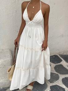 SHEIN EZwear Vacation Halter Country Concert Outfit  Women's Summer Vacation White Woven Halter Neck Dress - White - View 6