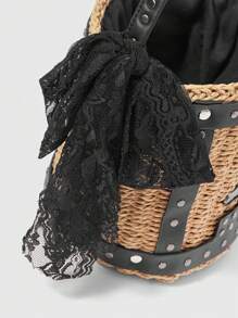 ROMWE Goth Moda feminina contraste cor caveira decoração bolsa de ombro tecida