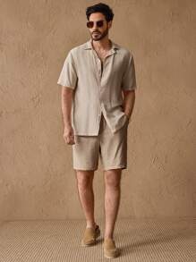 Manfinity VCAY 2pcs Men's Casual Woven Loose Guayabera Collar Short Sleeve Shirt And Drawstring Waist Shorts Set - Multicolor - View 3