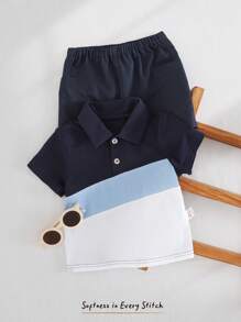 Cozy Pixies 2pcs Baby Boy Soft Contrast Knitted Short Sleeve Pullover Top And Elastic Waist Shorts Set - Multicolor - View 3