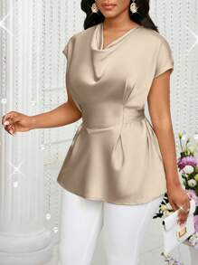 SHEIN Lady Women Solid Color Drape Neck Elegant Short Sleeve T-Shirt, Suitable For Summer - Apricot - View 3