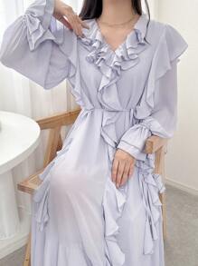 FRIFUL Women's Multi-Layered Ruffle Hem Splice Long Sleeve Flared Sleeve Loose A-Line Sweet Spring/Fall Dress, Suitable For Outdoor/Fall Wear