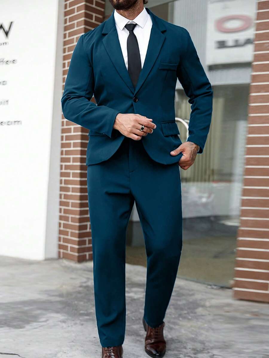 Manfinity Mode Plus Size Men's Solid Color Single-Breasted Long Sleeve Jacket And Pants Suit Set - Teal Blue - View 1
