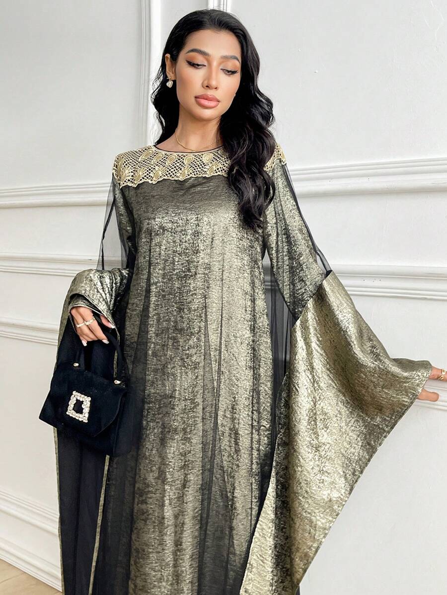 Al Najma 女士撞色蕾丝网纱长袍和连衣裙阿拉伯服装套装，朴素 - 金色 - 查看 1