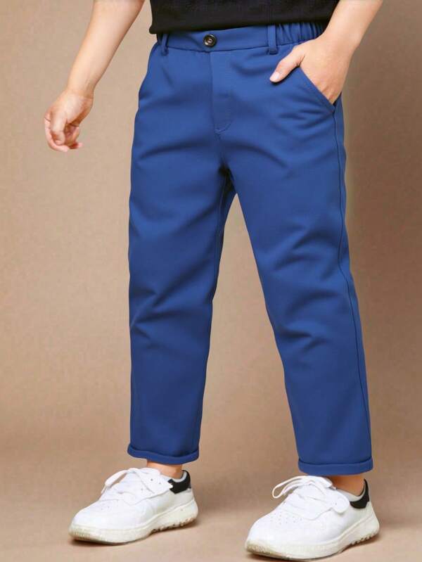 SHEIN Boy Casual Solid Color Elastic Waist Pants With Button Decor And Angled Pockets, Simple And Convenient For Everyday Wear, Travel, Parties, Holidays, Versatile Fashion Outfit