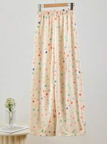 SHEIN LUNE Pantalones largos con cintura elástica y cordón con estampado aleatorio de flores/lunares - Albaricoque - Ver 2