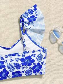 Teen Girls' Summer Beach Floral Print Ruffled Trim Bikini Set Young Girls Sets Summer Bathing Suits 1pc For Teens Bathing Suits For Teens Sets One Peice Bathing Suit For Teens Bathing Suits Teen Girl Two Pieces - Royal Blue - View 4