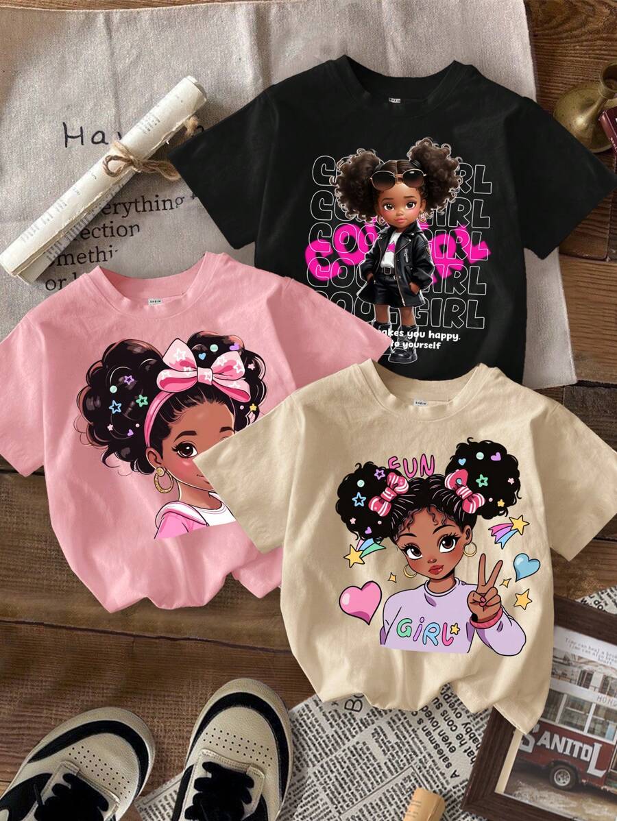 SHEIN Leap Crew Áo phông họa tiết hoạt hình dễ thương cho bé gái tuổi teen, đơn giản, tối giản, màu đen/trắng/kaki, phù hợp cho mùa hè - Nhiều màu - Xem 1