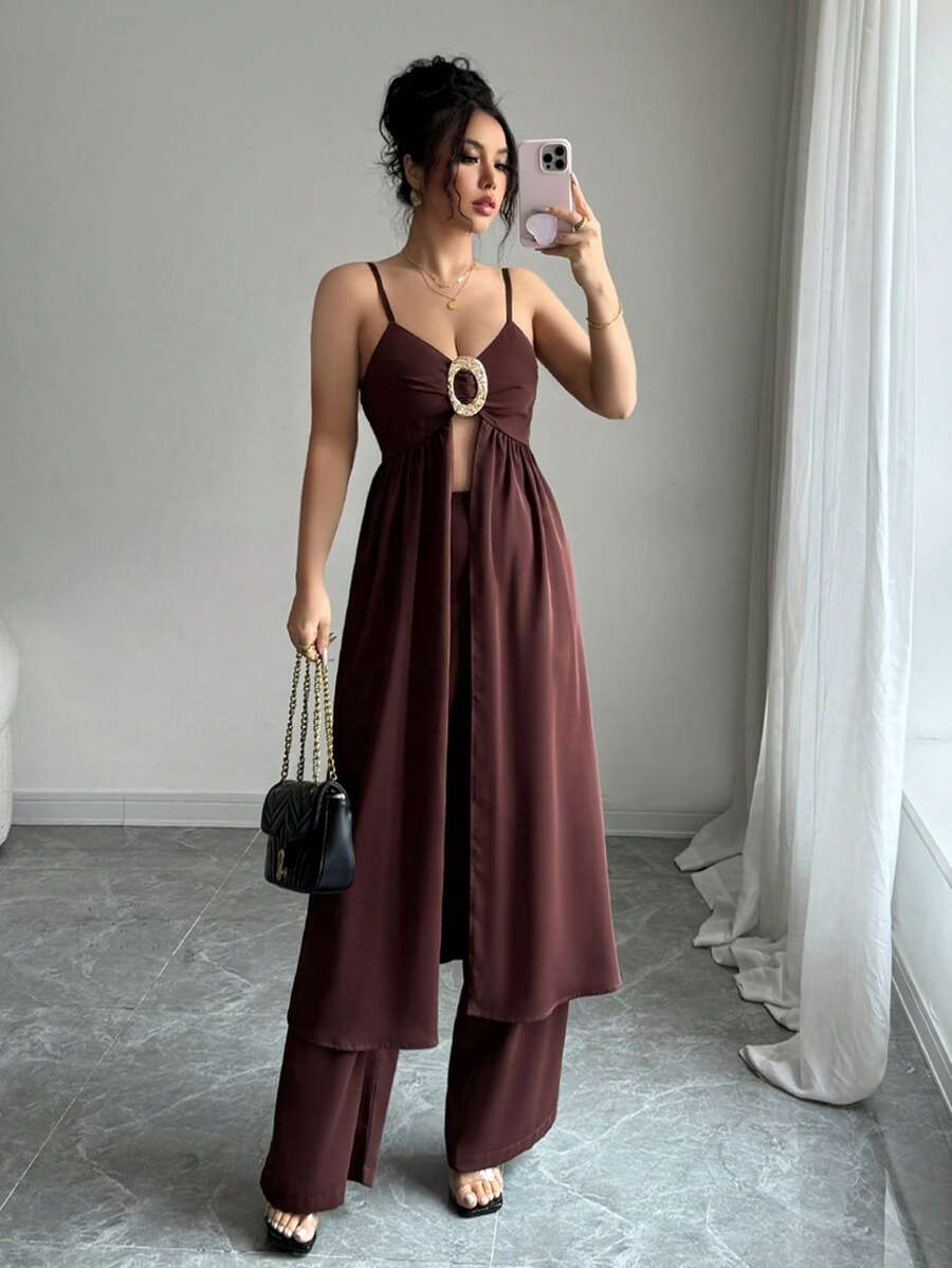 Chiquease Women's Elegant Casual Camisole And Metal Buckle Decor Pants Set - Brown - View 1
