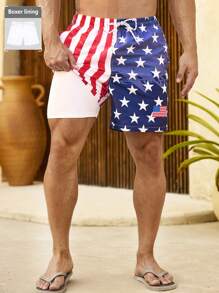 Manfinity Swimmode Men's American Flag Print Drawstring Waist Beach Shorts, Summer, Hawaiian - Multicolor - View 1