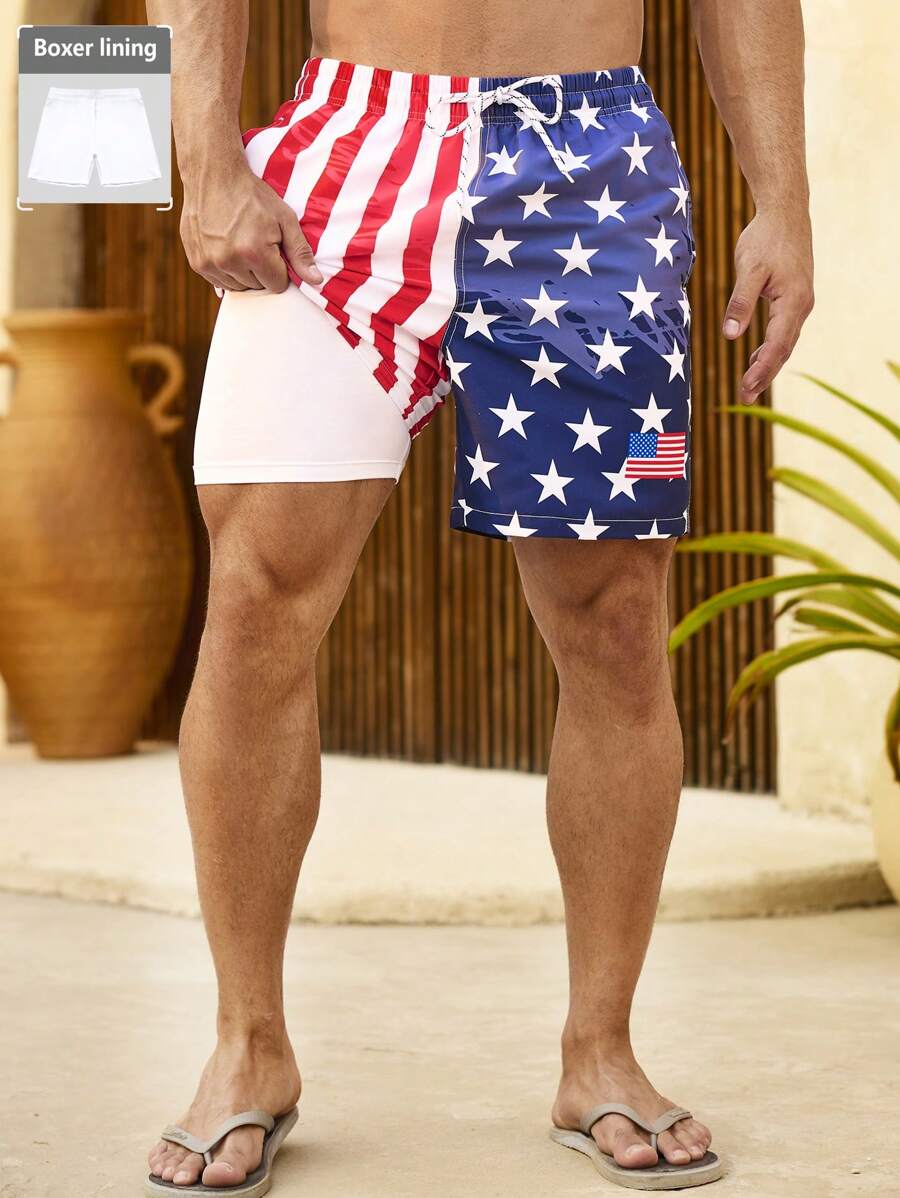 Manfinity Swimmode Men's American Flag Print Drawstring Waist Beach Shorts, Summer, Hawaiian - Multicolor - View 1