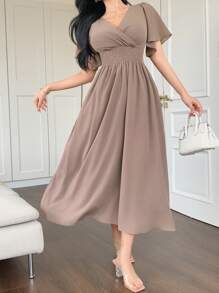DAZY Women's Solid Color V-Neck Cinched Waist Ruffle Sleeve Elegant Dress, Summer