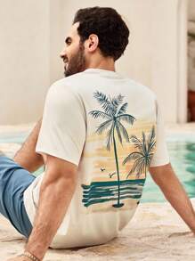 Manfinity VCAY Men's Casual Coconut Tree Graphic Print Slim Fit Crew Neck Short Sleeve T-Shirt, Summer