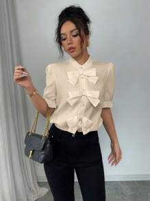 Selianne Modische vielseitig einsetzbare Bluse für Frauen mit Kragen, Schleifen-Dekor und Bubble-Textur, Kurzarm