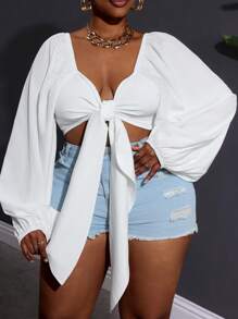 SHEIN CURVE+ 大码女式夏季系带休闲白色灯笼袖衬衫，曲线加大，波西米亚度假风 - 白色 - 查看 3