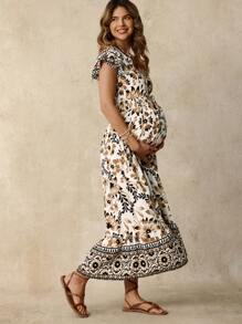 Boho Mama Gaun Hamil Wanita Putih Motif Bunga Boho, Gaun Liburan Musim Panas dengan Hem Bergelombang, Cocok untuk Liburan Musim Panas Gaya Boho - Khaki - View 5
