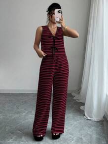 SHEIN Clasi 2件套女士夏季条纹前系带吊带背心和长裤 - 紅色 - 查看 4