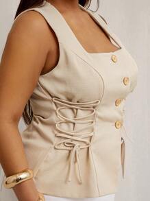 SHEIN SXY Plus Size Summer Casual Solid Color Cross Strap Vest - Apricot - View 8