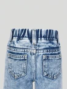 Jeans para niñas bebé, nuevos y adorables, de color azul vaquero con lazo y estampado de letras arcoíris, de algodón cómodo, pantalones rectos de moda casual holgada - Azul lavado medio - Ver 5