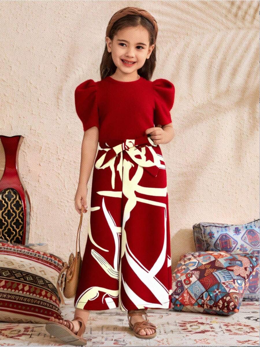 SHEIN 2件組少女純色針織圓領泡泡袖上衣與寬鬆休閒長褲,適合少女 - 紅色 - 查看 1
