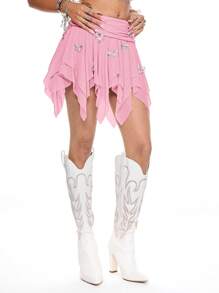 ROMWE Asymmetrical Mesh Bowknot Detail Women's Mini Skirt - Pink - View 4