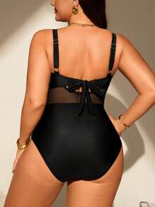 Swim Vcay Plus Size One-Piece Solid Color Mesh Swimsuit, European & American Style For Summer Beach Vacation - Black - View 2