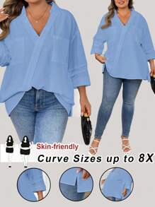 SHEIN CURVE+ Áo kiểu nữ cỡ lớn màu trơn, vai rớt, dáng rộng, có túi, phong cách thường ngày, công sở, đi biển, kỳ nghỉ biển, đồ cần thiết khi đi biển, lễ tốt nghiệp, tiệc trà. - Màu xanh lam - Xem 1