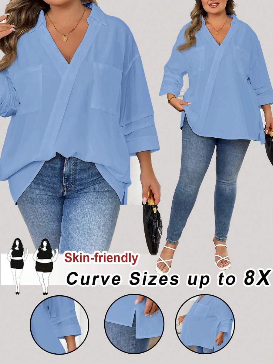 SHEIN CURVE+ Áo kiểu nữ cỡ lớn màu trơn, vai rớt, dáng rộng, có túi, phong cách thường ngày, công sở, đi biển, kỳ nghỉ biển, đồ cần thiết khi đi biển, lễ tốt nghiệp, tiệc trà. - Màu xanh lam - Xem 1