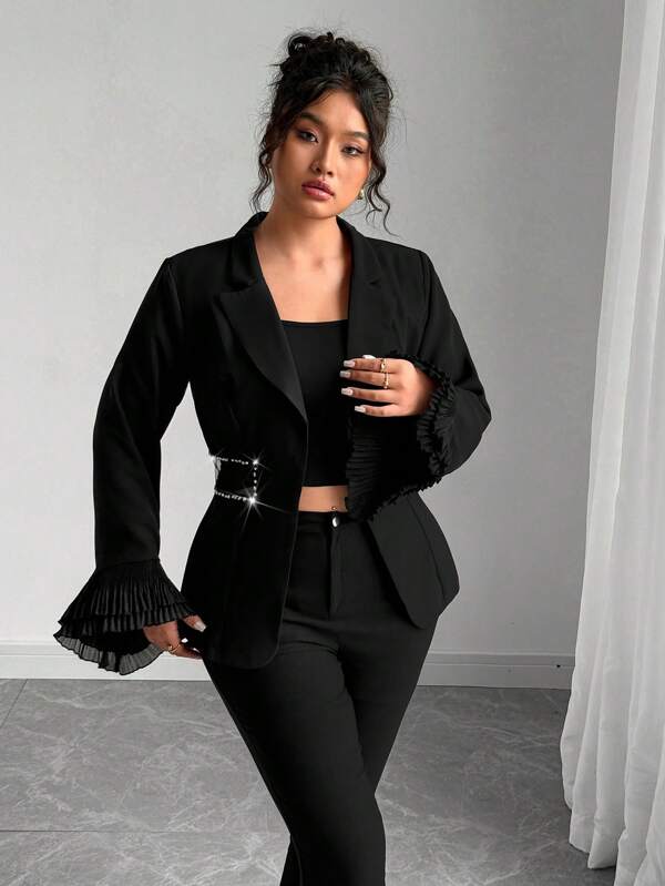 Elenzga Plus Size Women Elegant Design Rhinestone Cutout Sleeve Trim Blazer