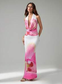 SHEIN Tall Women All Over Print Halter Neck Ruffle Back Detail Long Dress - White - View 5