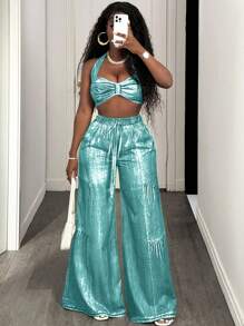 BamGleam Blue Denim Effect Casual Suit - Green - View 1