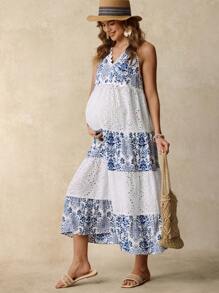 Boho Mama Maternity Floral Print Hollow Embroidery V-Neck Sleeveless Dress  Boho   Ruffle  Maternity Dress - Blue and White - View 5