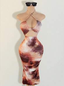 BamGleam 女士露背镂空简约时尚连衣裙，适合夏季 - 鏽棕色 - 查看 3