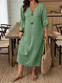 SHEIN EMERY ROSE CURVE Vestido informal de manga enrollada con cuello en pico de unicolor para tallas grandes, de verano - verde menta - Ver 6