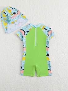SHEIN Bộ áo liền quần không tay in hình sư tử hoạt hình dễ thương cho bé trai, kèm mũ chống nắng, kiểu dáng mùa hè. - Nhiều màu - Xem 2