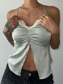 DAZY Top de seda suave con parches de encaje y abertura alta para mujer - Verde - Ver 1