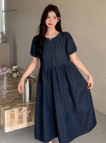 DAZY Women's Round Neck Short Puff Sleeve Casual Loose Denim Skater Dress
