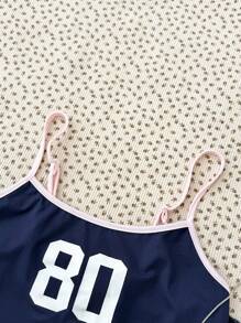 SHEIN Teen Girl Blue & Pink Casual Numeric Print Camisole Tank Top, Suitable For Summer, Street Fashion, School, Sports, Home