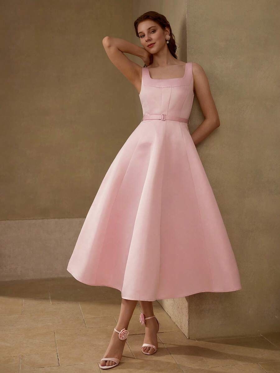 MOTF PREMIUM VESTIDO DE TIRANTES CON PLIEGUES Y CINTURÓN - Rosa - Ver 1