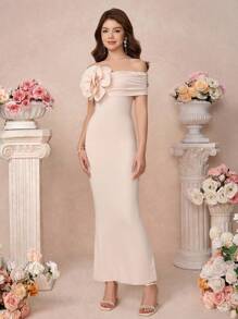 SHEIN Váy bó sát hở vai họa tiết hoa 3D dành cho bé gái tuổi teen, thanh lịch cho ngày tựu trường, hẹn hò, tiệc tùng, đám cưới, vũ hội, năm mới, sự kiện cocktail, phù hợp cho mùa xuân, hè, thu và đông - Màu be - Xem 8