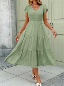 SHEIN LUNE 春季浪漫约会荷叶边多层下摆娃娃裙，粉色中长款女士连衣裙 - 綠色 - 查看 2