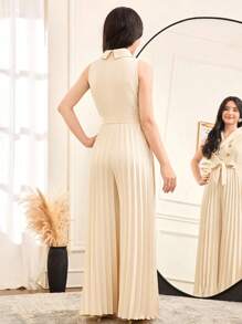 SHEIN Teen Girls Elegant Apricot Turn Down Collar Double-Breasted Tie-Waist Design Pleated Wide Leg Jumpsuit/Wedding Guest Outfit, Suitable For Occasions Like Holidays, Parties, Weddings, Back To School, Graduation