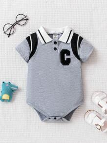 男婴休闲简约 Polo 领刺绣字母短袖连体衣 - 灰色 - 查看 3
