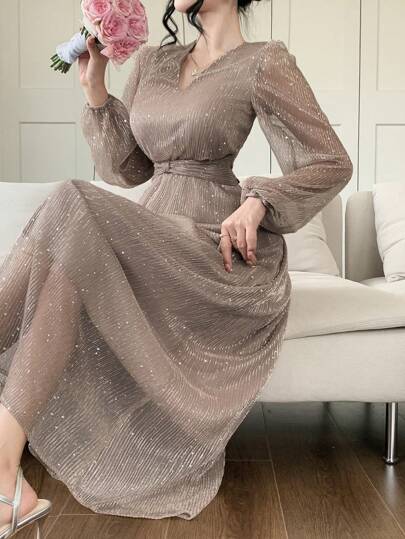 DAZY 女式优雅亮片腰部收腰V领长袖连衣裙，秋季